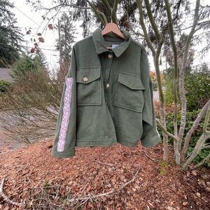 Green Jacket with Red Patterned Sleeve